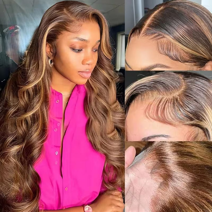 200% Density P4/27 Highlight Brown Colored Human Hair Wigs Skin Melt 13x6 Body Wave HD Lace Front Wigs