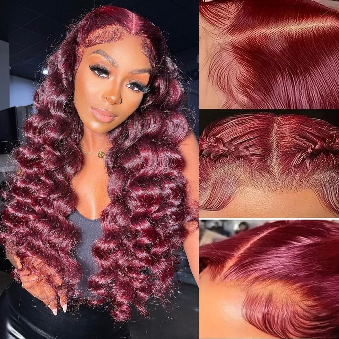 32 Inch 200 Density 99J Burgundy 13x6 Lace Front Wigs Loose Deep Wave Ready To Wear Colored Glueless Wigs