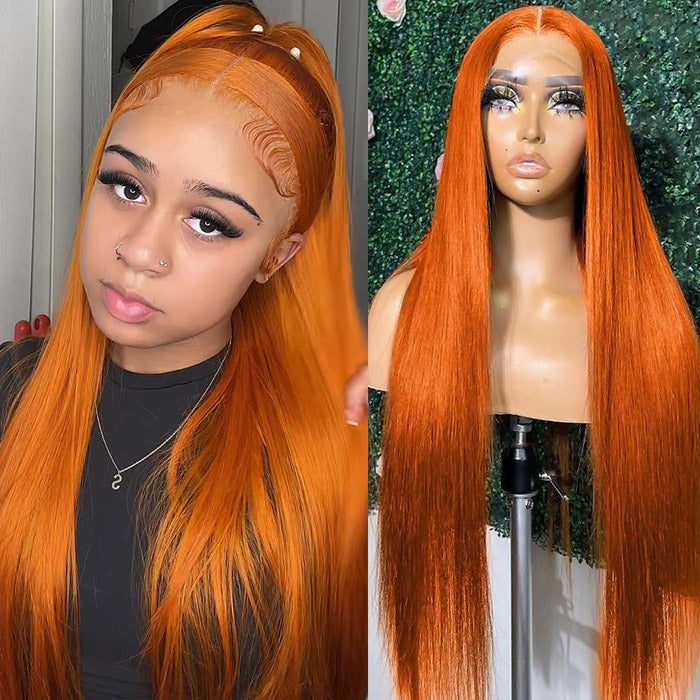 Ginger Color Glueless HD 13x4 Lace Frontal Wigs Brazilian Straight Human Hair Wigs 180% Density