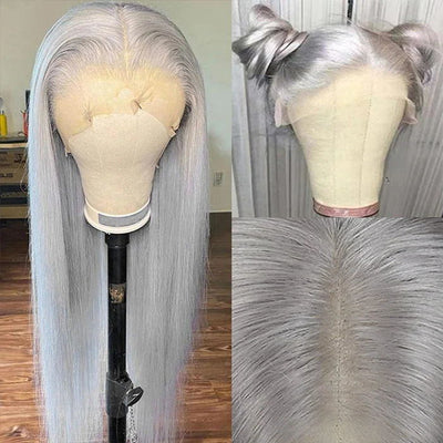 32Inch Silver Grey 13x4 Lace Front Wigs Brazilian Straight Barbie Hair Pre Plucked HD Lace Wig