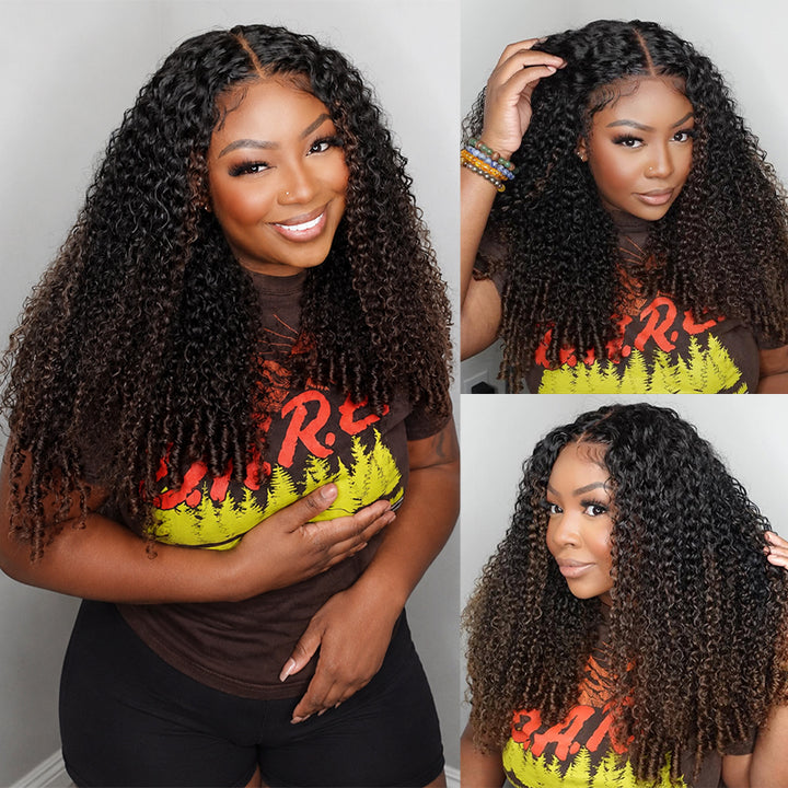 250% Density Black to Chestnut Brown Ombre Burmese Curly Glueless Wig With Finger Coil Ends All Day Comfort 100% Human Hair Wig
