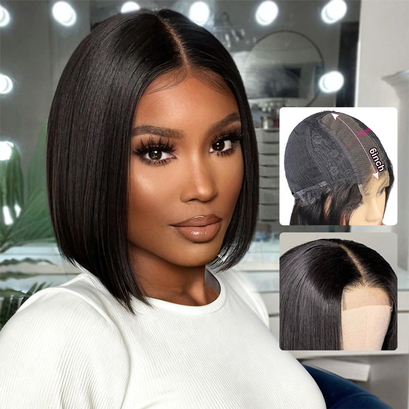 200% Density Silky Blunt Cut Glueless 2x6 Lace Closure Wig Shoulder Length Straight Hair Bob Wig