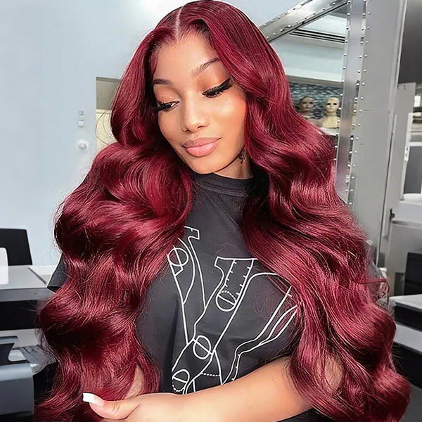 30 Inch Glueless 13x6 HD Lace Front Wig Burgundy 99J Body Wave Colored Human Hair Wigs