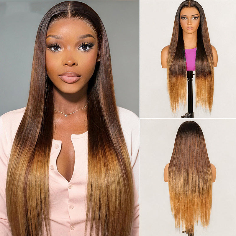 Luxury Yaki Straight 200% Density Dark Brown to Honey Blonde Ombre Color Glueless Human Hair Wig - AlloveHair