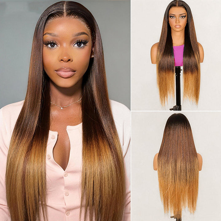 Luxury Yaki Straight 200% Density Dark Brown to Honey Blonde Ombre Color Glueless Human Hair Wig - AlloveHair