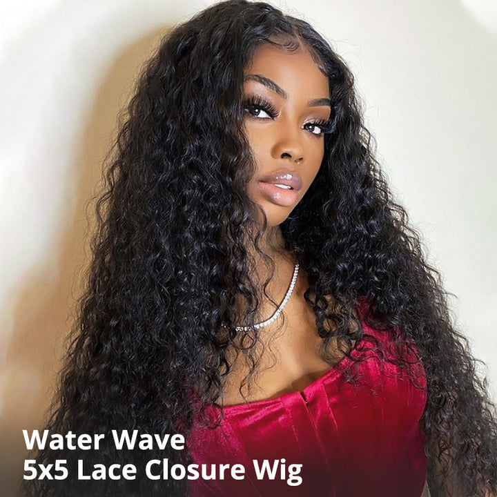Water Wave 5x5 Closure Wigs 200% Density Thick Hair All Day Comfort Glueless Wig for Beginners