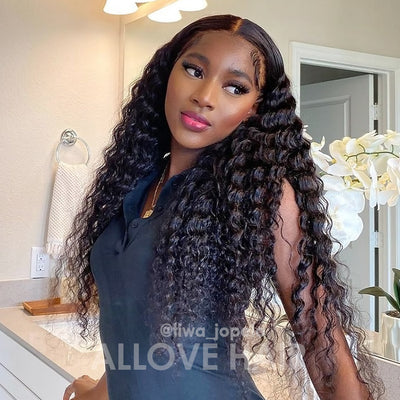 Allove Hair Undetectable Invisible 13x4 Lace Front Wig Brazilian Deep Wave Human Hair Wig with Pre Plucked