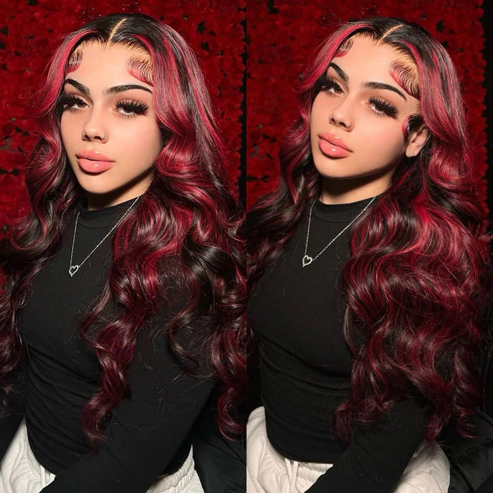 New Arrivals Dark Burgundy with Rose Red Highlights 13x4 Body Wave Glueless Lace Front Wig