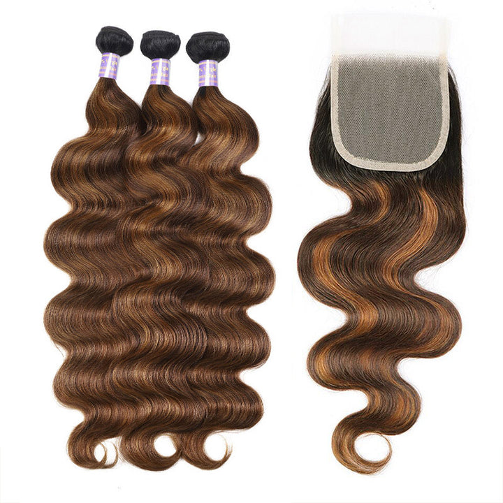 Allove Hair 4x4 Lace Closure With 3 Bundles Body Wave Human Hair #FB30 Brown Balayage Color - AlloveHair