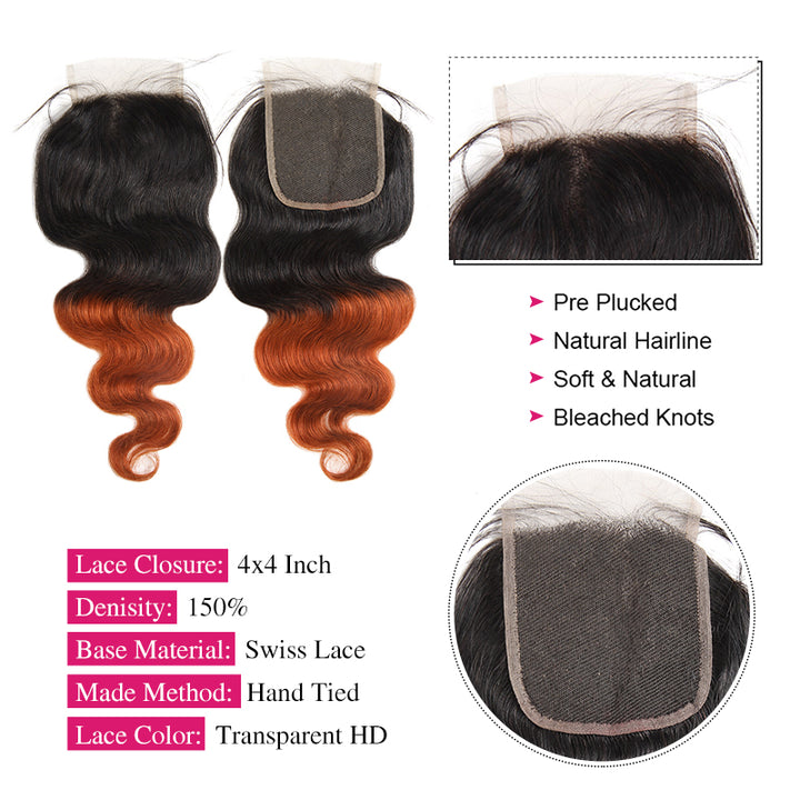 1B/350 Ombre Human Hair Body Wave 3 Bundles with 4x4 Closure 2 Tone Ginger Orange Hair Weave - AlloveHair