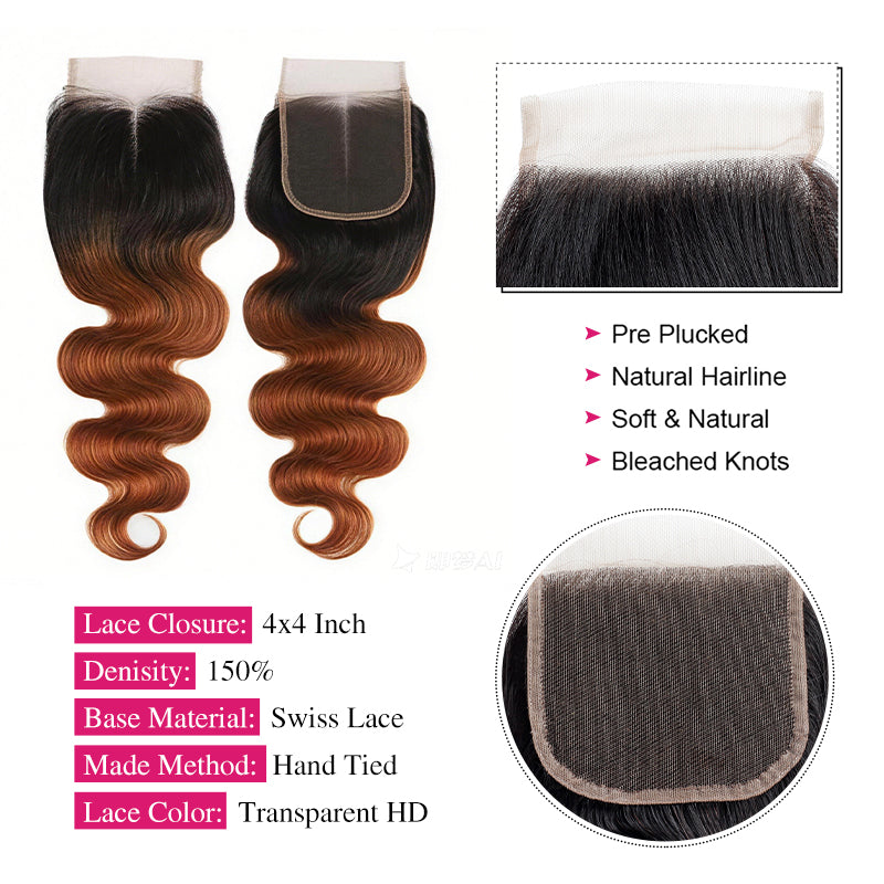 3 Bundles with Closure T1B/30 Color Body Wave Human Hair Bundles with 4x4 Lace Closure - AlloveHair