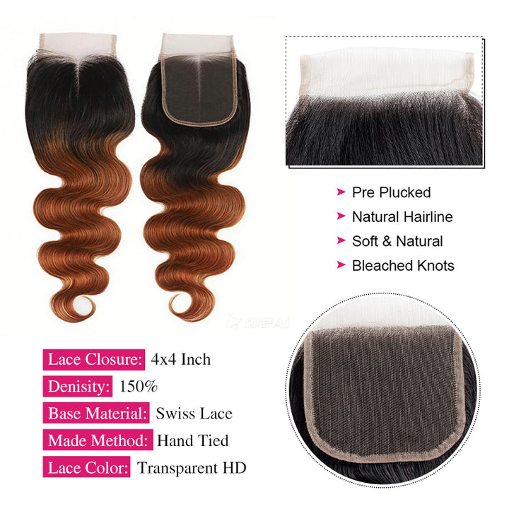 3 Bundles with Closure T1B/30 Color Body Wave Human Hair Bundles with 4x4 Lace Closure - AlloveHair