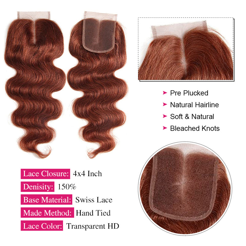 #33 Reddish Brown Body Wave 3 Bundles with 4x4 Lace Closure 100% Real Human Hair - AlloveHair