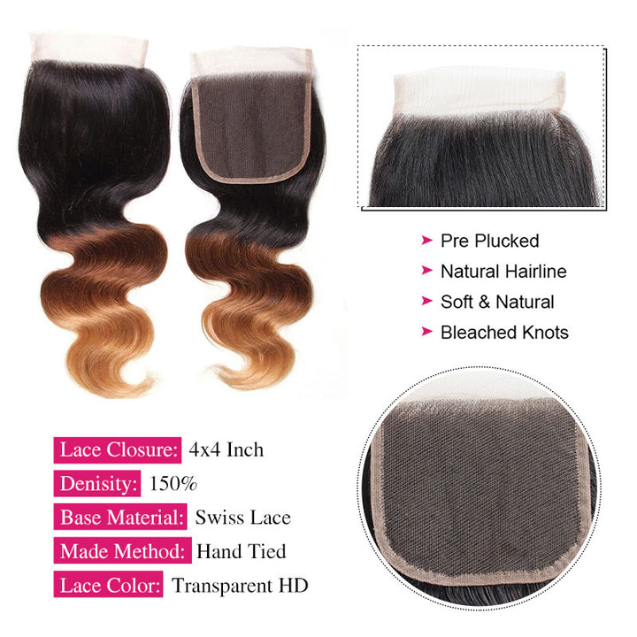 Ombre 1B/4/27 Body Wave Virgin Human Hair 3 Bundles with 4x4 5x5 HD Lace Closure - AlloveHair