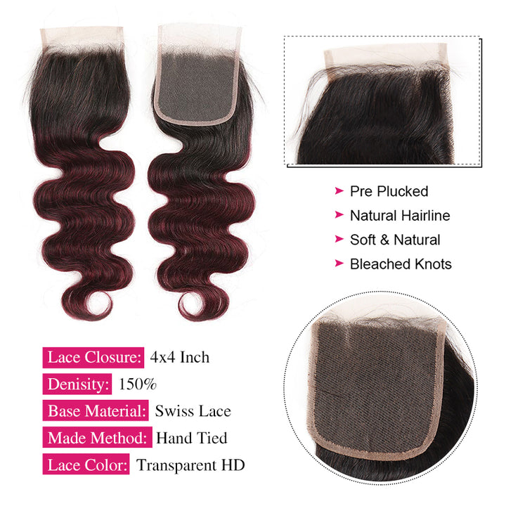 1B Dark Burgundy Body Wave Remy Human Hair 3 Bundles with 4x4 Lace Closure Deal - AlloveHair