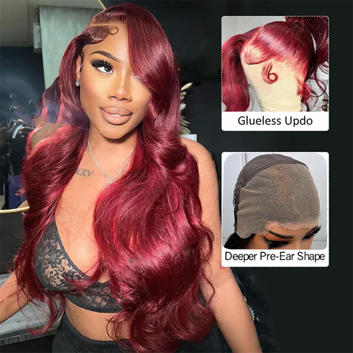 30 Inch Glueless 13x6 HD Lace Front Wig Burgundy 99J Body Wave Colored Human Hair Wigs