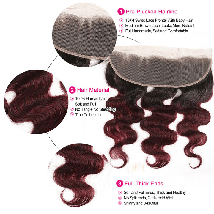 1B Dark Burgundy Body Wave 3 Bundles With 13x4 13x6 Lace Frontal 30 Inch Brazilian Human Hair - AlloveHair