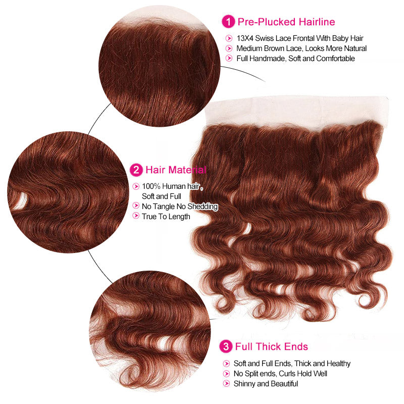 #33 Reddish Brown Bundles with 13x4 13x6 HD Lace Frontal 30 Inch Body Wave Human Hair Bundles - AlloveHair