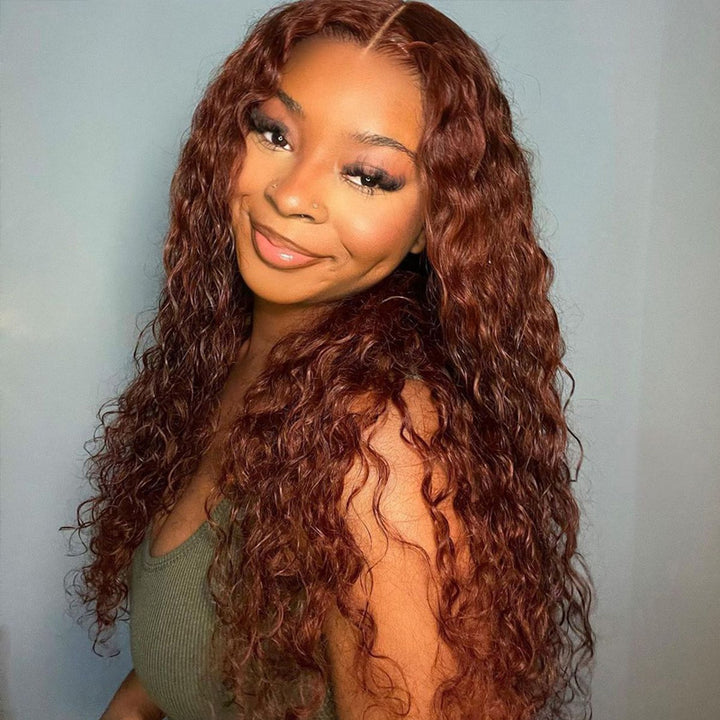 13x4 HD Lace Front Wigs #33 Reddish Brown Auburn Copper Color Water Wave Real Glueless Human Wigs