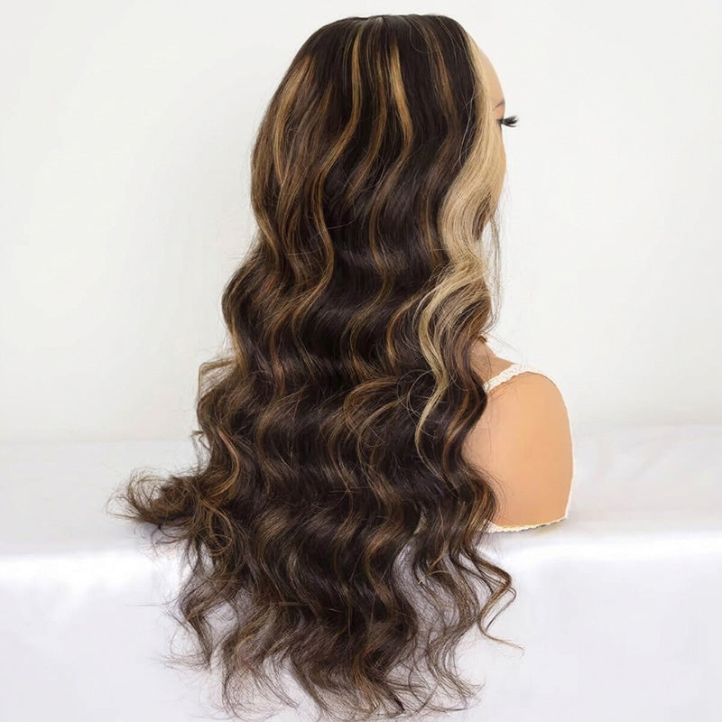 200 Density Glueless Balayage Highlight With Skunk Stripe Body Wave Wig Money Piece Highlight 13x4 13x6 HD Lace Front Wig Human Hair