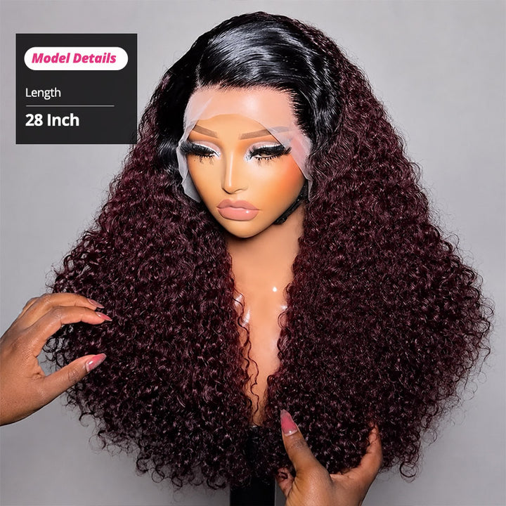 200% Density Ombre 99J Burgundy Curly Wigs Super Double Drawn Virgin Human Hair HD Lace Wigs Salon Quality