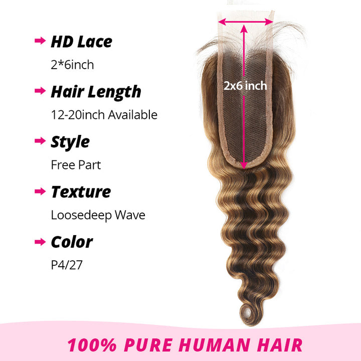 P4 27 Highlight Loose Deep Wave Hair Bundles with 2x6 HD Lace Closure 100% Ombre Human Hair
