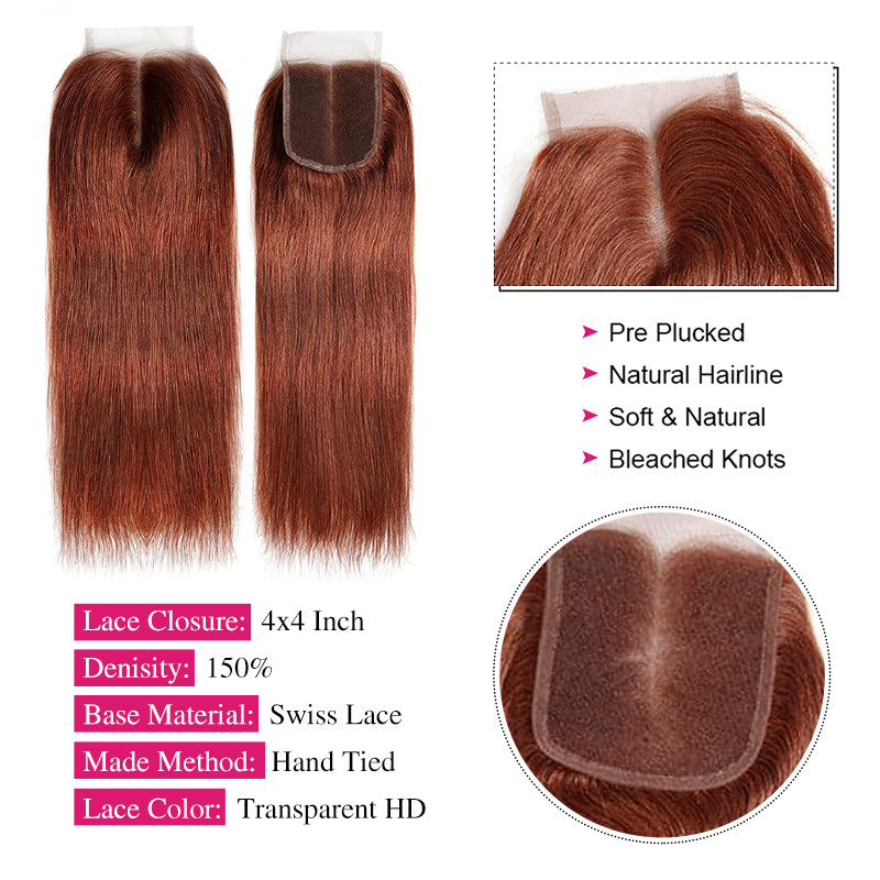 Straight Hair Bundles with Lace Closure #33 Reddish Brown Color 3 Bundles with 4x4 5x5 Lace Closure - AlloveHair