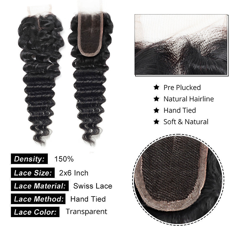 HD Lace Closure With Bundles Brazilian Deep Wave 3 Bundles With 2x6 Lace Closure 100% Human Hair - AlloveHair