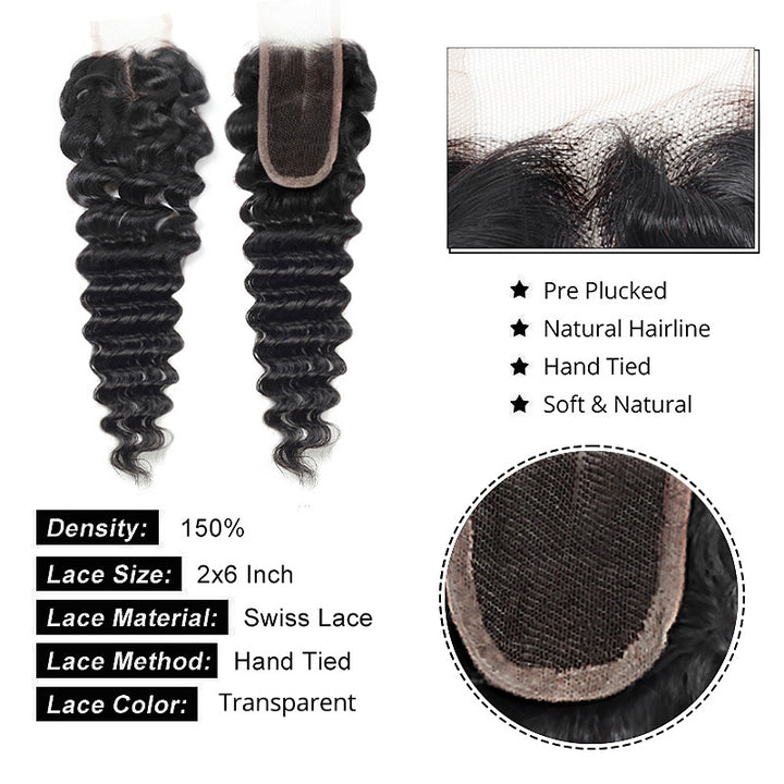 HD Lace Closure With Bundles Brazilian Deep Wave 3 Bundles With 2x6 Lace Closure 100% Human Hair - AlloveHair