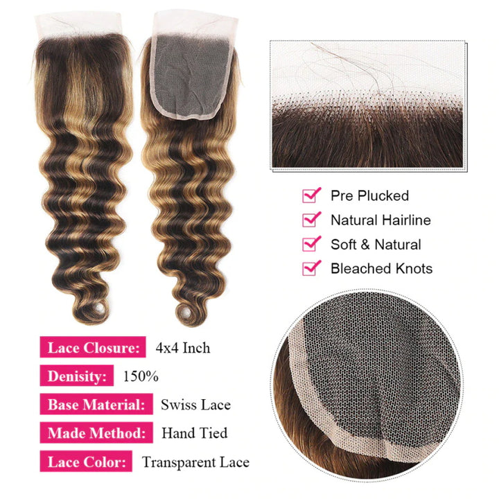 Allove P4/27 Highlight Human Hair 3 Bundles Loose Deep Wave Hair With 4x4 Transprent Lace Closure