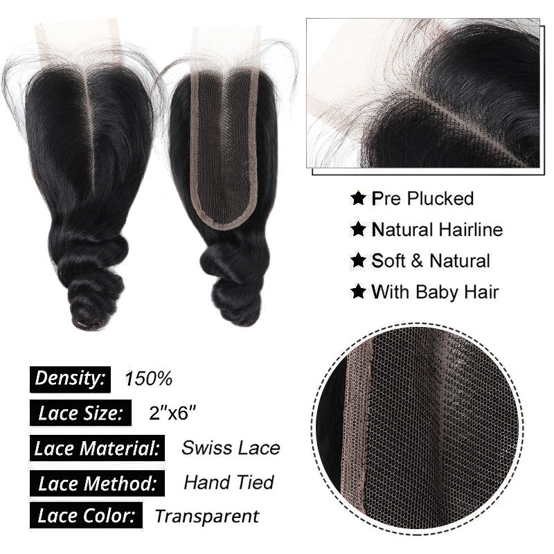 Brazilian Loose Wave Virgin Human Hair 3 Bundles With 2x6 Lace Closure Deep Parting - AlloveHair