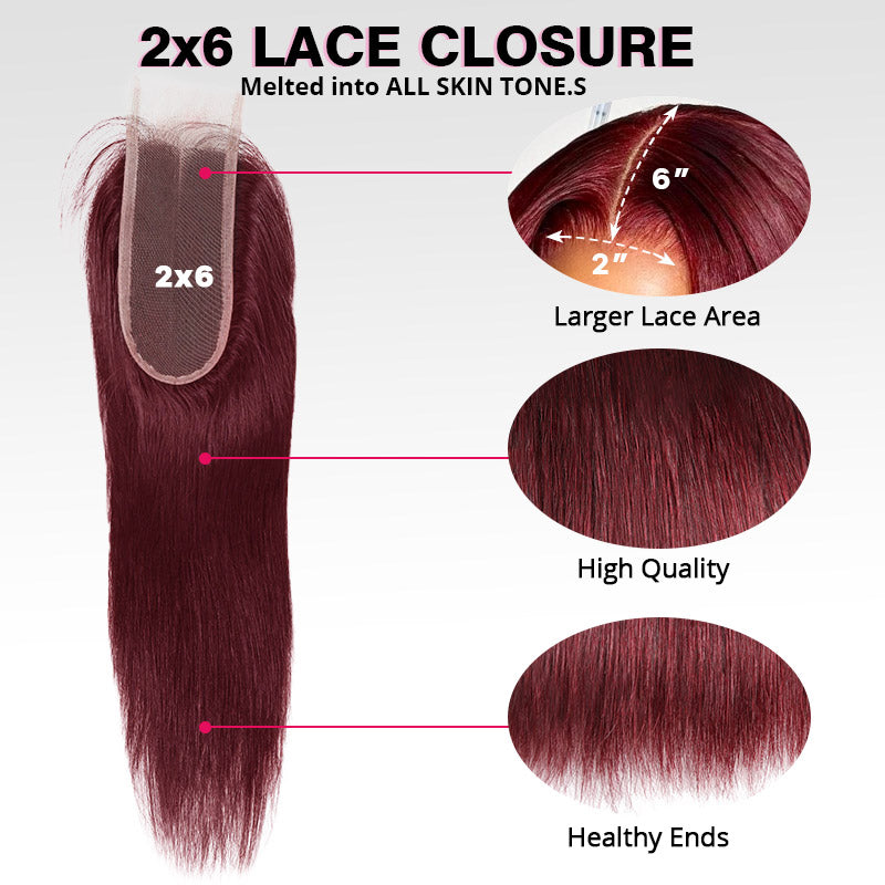 99J Straight Hair Bundles With 2x6 Lace Closure Burgundy Red Colored Human Hair Weave for Sew In