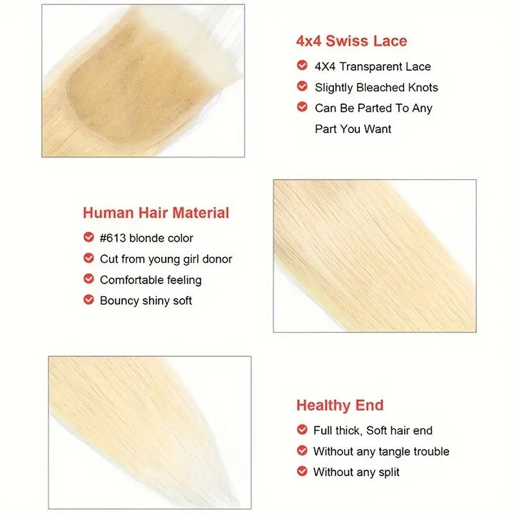 Allove Hair 613 Blonde Color Straight/Body Wave 4x4 Transparent Lace Closure Human Hair