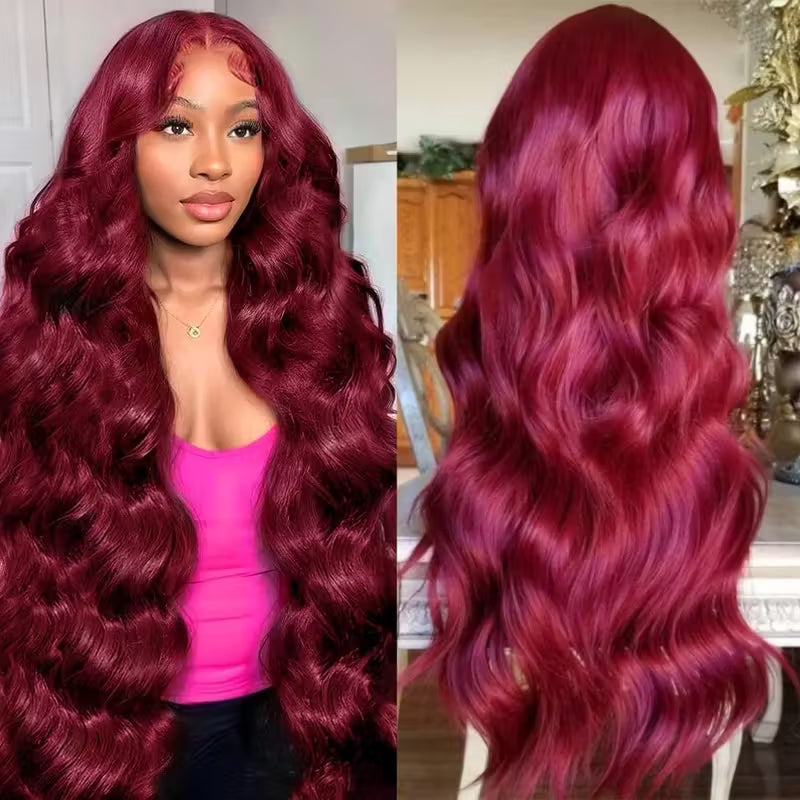 30 Inch Glueless 13x6 HD Lace Front Wig Burgundy 99J Body Wave Colored Human Hair Wigs