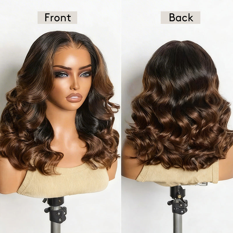 Ombre Brown Natural Loose Wave Glueless Wig Shoulder Length Wig Pre-Cut HD Lace Wig - AlloveHair