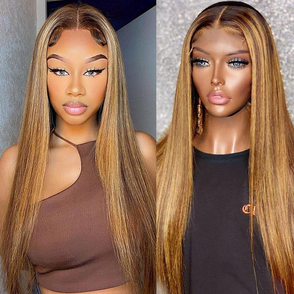 Honey Blonde Hair Color Straight Transparent 4*4 Lace Closure Human Hair Wigs with Pre-plucked