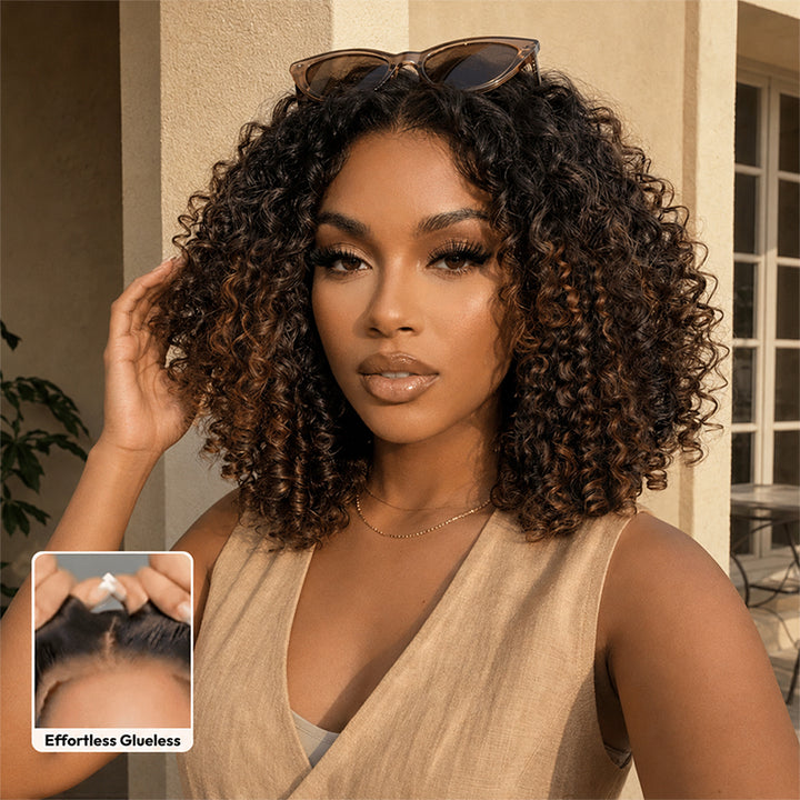 250% Density Black to Chestnut Brown Ombre Burmese Curly Glueless Wig With Finger Coil Ends All Day Comfort 100% Human Hair Wig