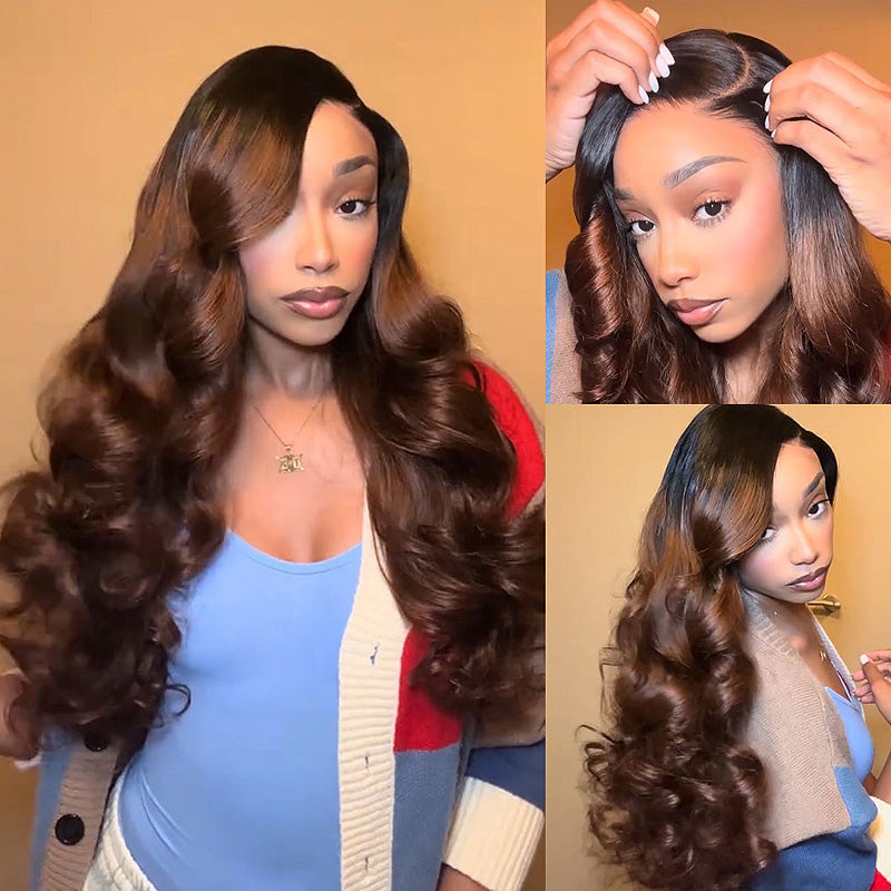 1B/4 Ombre Brown With Dark Roots Body Wave Glueless Wig 200% Density 13x4 13x6 Pre-Cut Lace Human Hair Wigs - AlloveHair