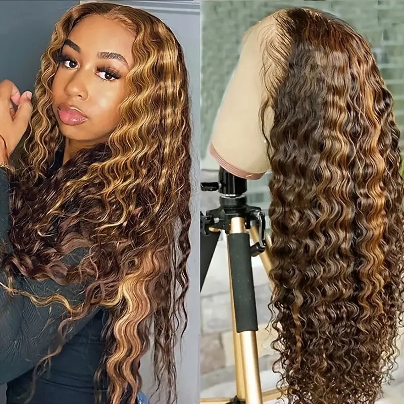 Wear And Go Honey Blonde Ombre Hair Deep Curly 4*4 HD Glueless Lace Front 28 Inch Wig with Pre Plucked