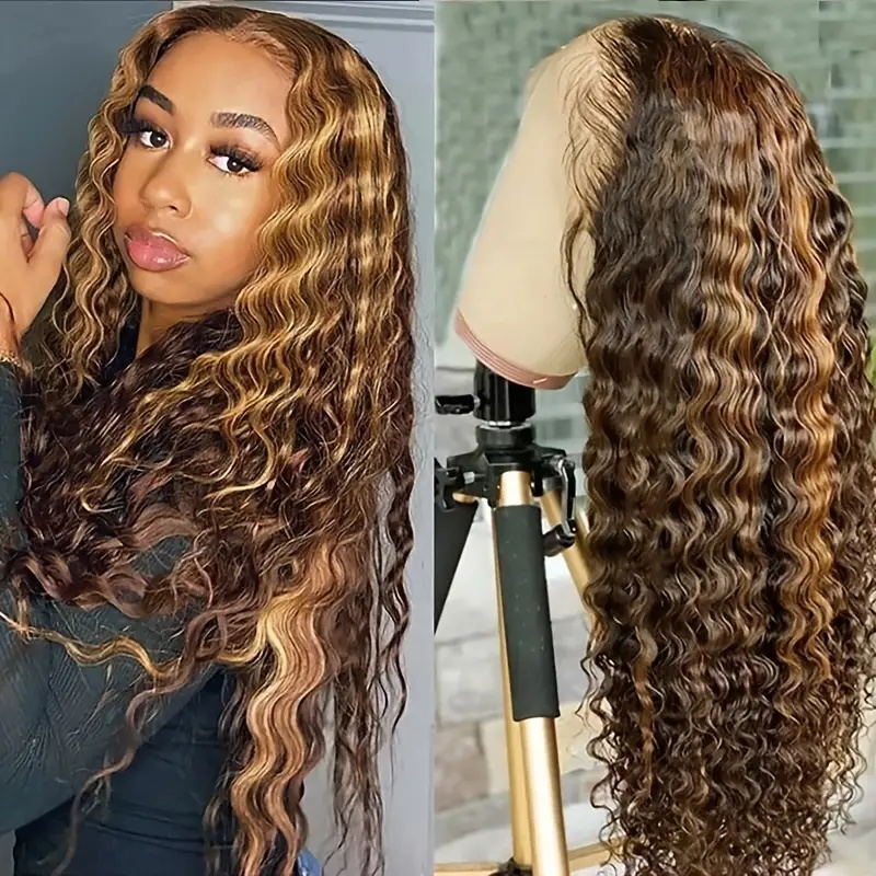Wear And Go Honey Blonde Ombre Hair Deep Curly 4*4 Transparent Glueless Wig with Pre Plucked