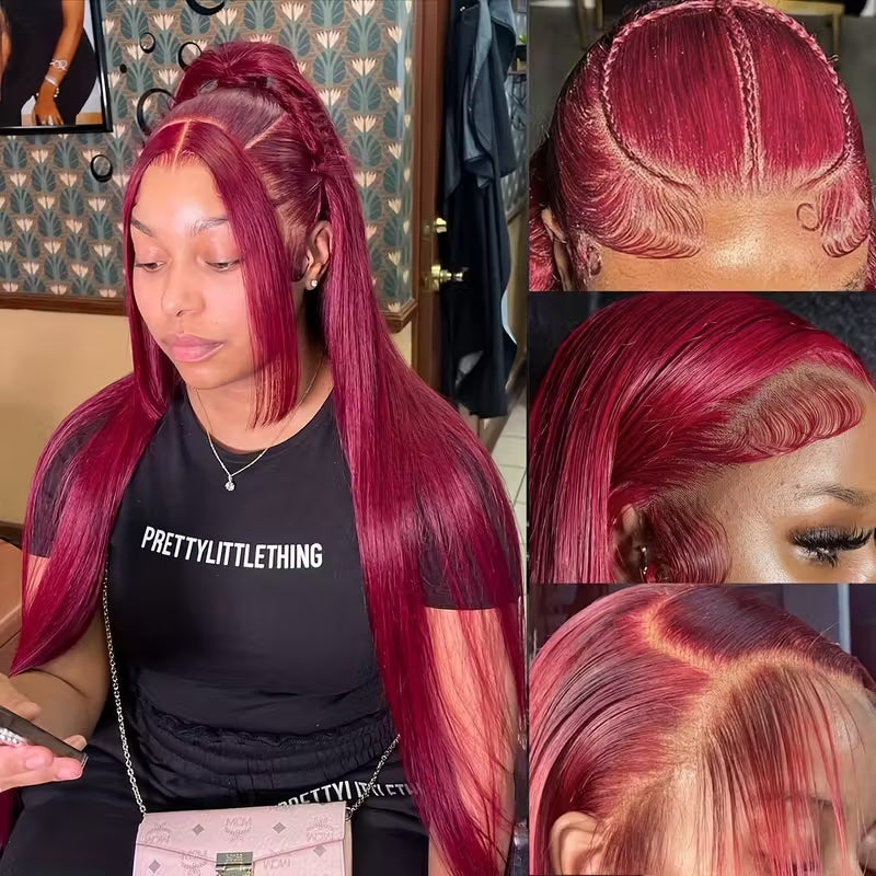 32 Inch 99J Burgundy 13x6 HD Transparent Lace Front Wig Virgin Straight Human Hair