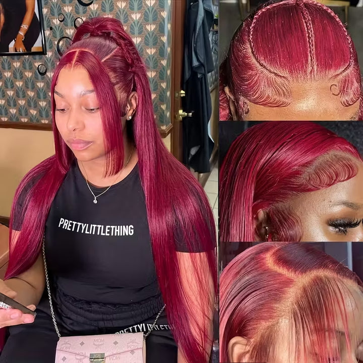 32 Inch 99J Burgundy 13x6 HD Transparent Lace Front Wig Virgin Straight Human Hair