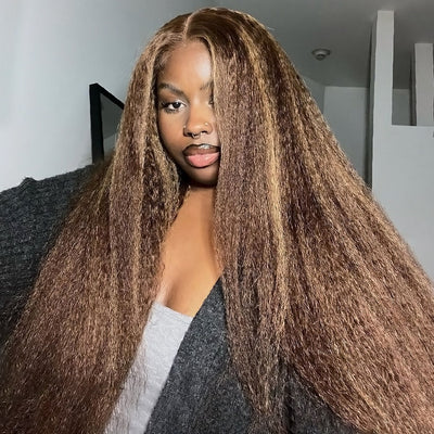 ALLOVE HAIR Wear & Go Highlight Brown Wigs Kinky Straight Pre-Plucked PPB Glueless Lace Wigs