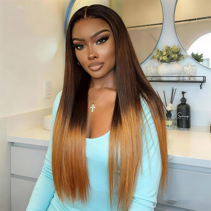 Luxury Yaki Straight 200% Density Dark Brown to Honey Blonde Ombre Color Glueless Human Hair Wig - AlloveHair