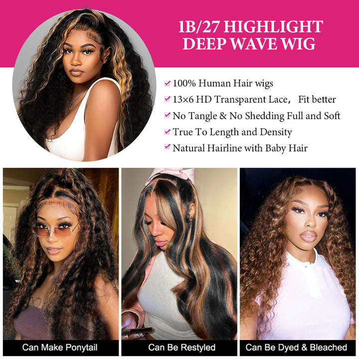 30 Inch 13x6 HD Lace Front Wig 1B/27 Ombre Deep Wave Human Hair Glueless Wig