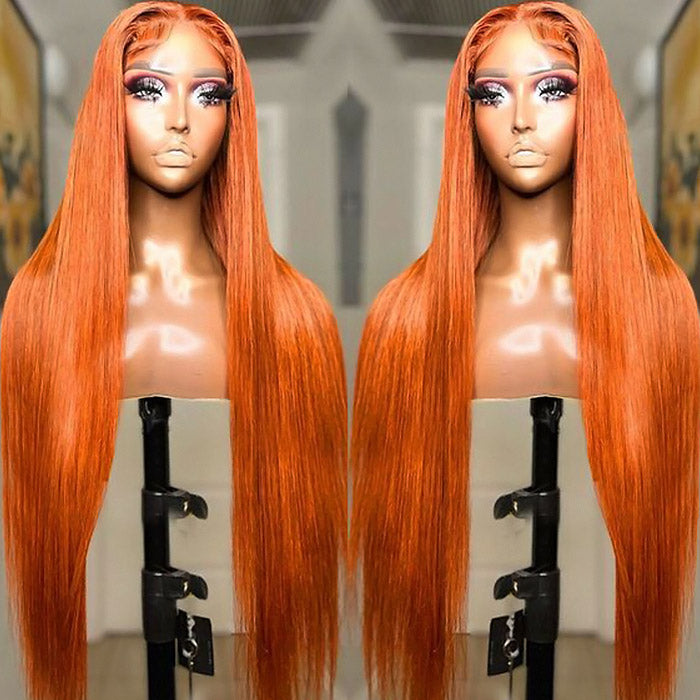 Ginger Color Glueless HD 13x4 Lace Frontal Wigs Brazilian Straight Human Hair Wigs 180% Density