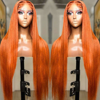 Ginger Color Glueless HD 13x4 Lace Frontal Wigs Brazilian Straight Human Hair Wigs 180% Density