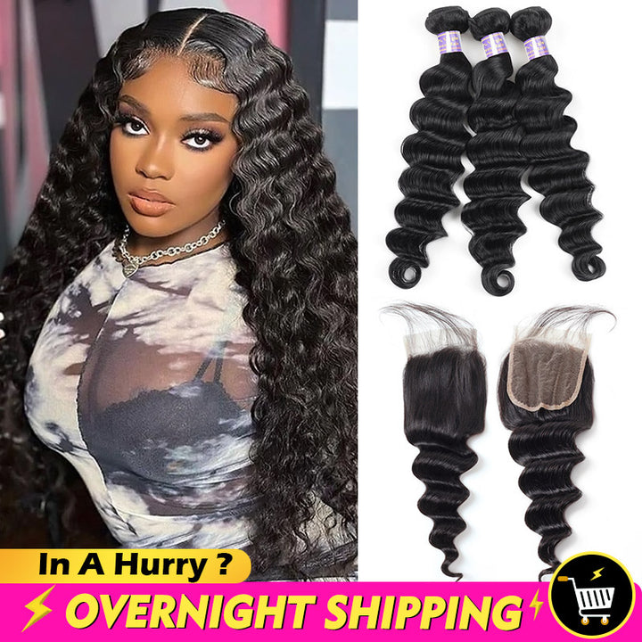 Overnight Shipping Allove Loose Deep /Loose Wave 3 Bundles With 4*4 Lace Closure Human Hair Extensions