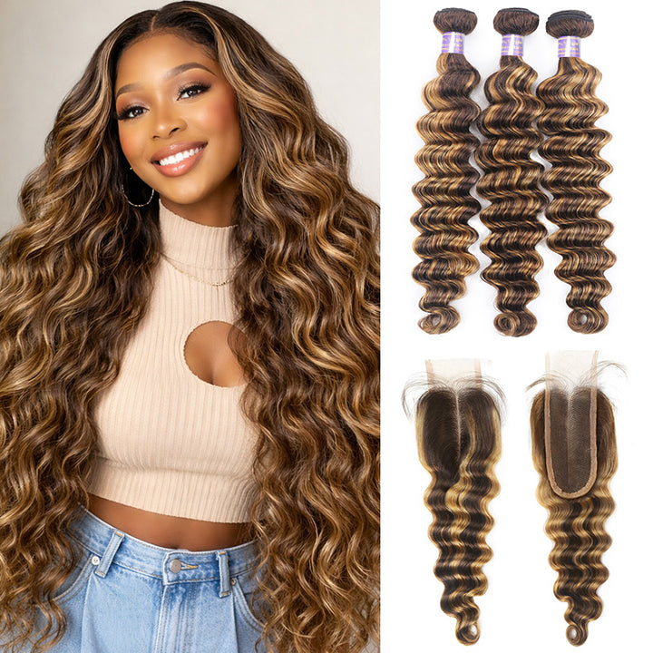 P4 27 Highlight Loose Deep Wave Hair Bundles with 2x6 HD Lace Closure 100% Ombre Human Hair