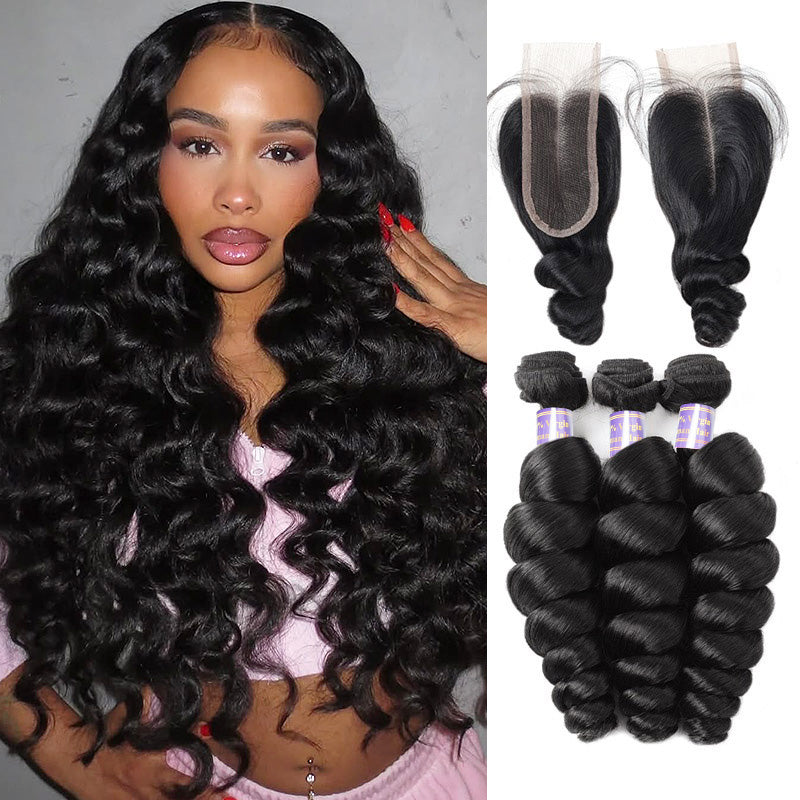 Brazilian Loose Wave Virgin Human Hair 3 Bundles With 2x6 Lace Closure Deep Parting - AlloveHair
